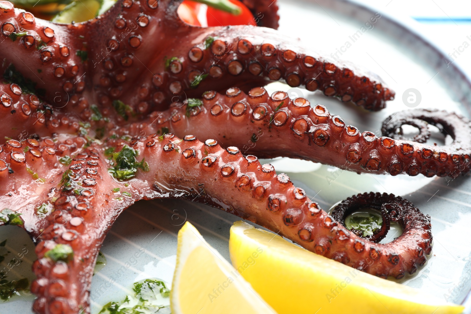 Photo of Fried octopus with herb sauce and lemon on table, closeup