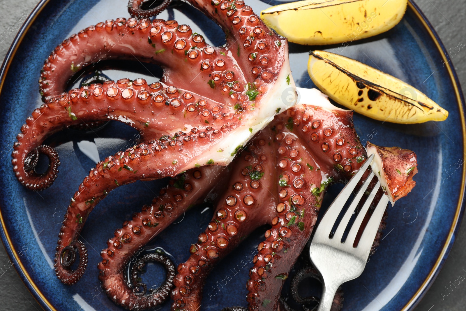 Photo of Fried octopus with herb sauce, lemon and fork on grey table, top view