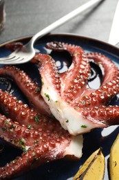 Photo of Fried octopus with herb sauce and lemon on grey table, closeup