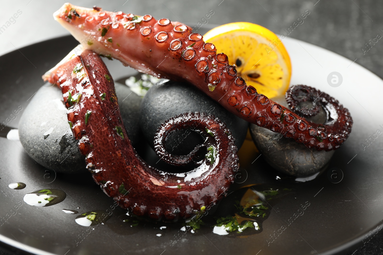 Photo of Fried octopus with herb sauce and lemon served on grey table, closeup