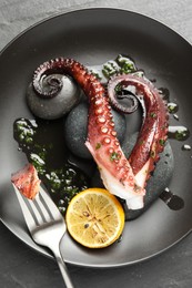 Photo of Fried octopus with herb sauce and lemon served on grey table, top view