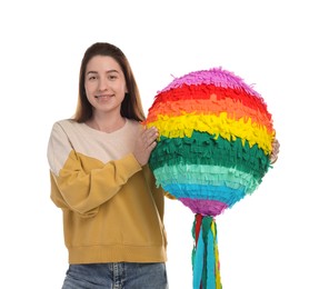 Photo of Happy woman with colorful pinata on white background