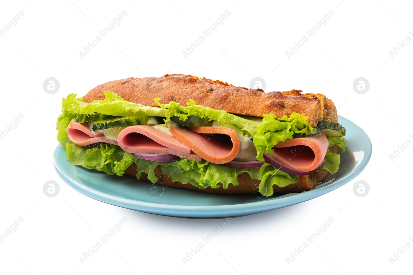 Photo of Baguette sandwich with ham isolated on white