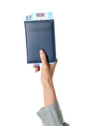 Photo of Woman holding passport with tickets on white background, closeup