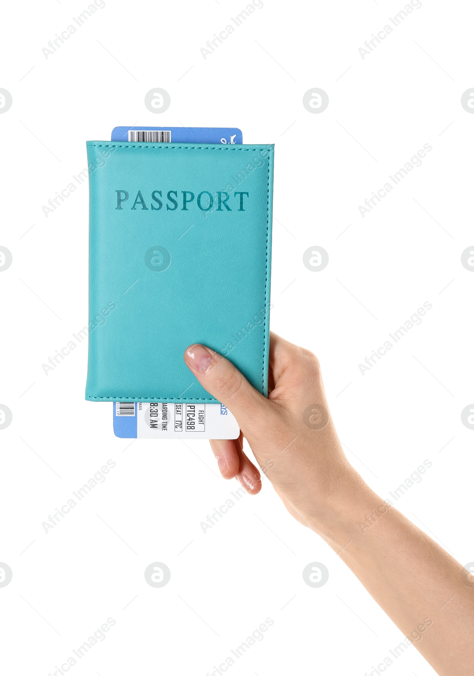 Photo of Woman holding passport with ticket on white background, closeup