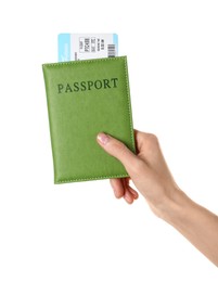 Photo of Woman holding passport with ticket on white background, closeup