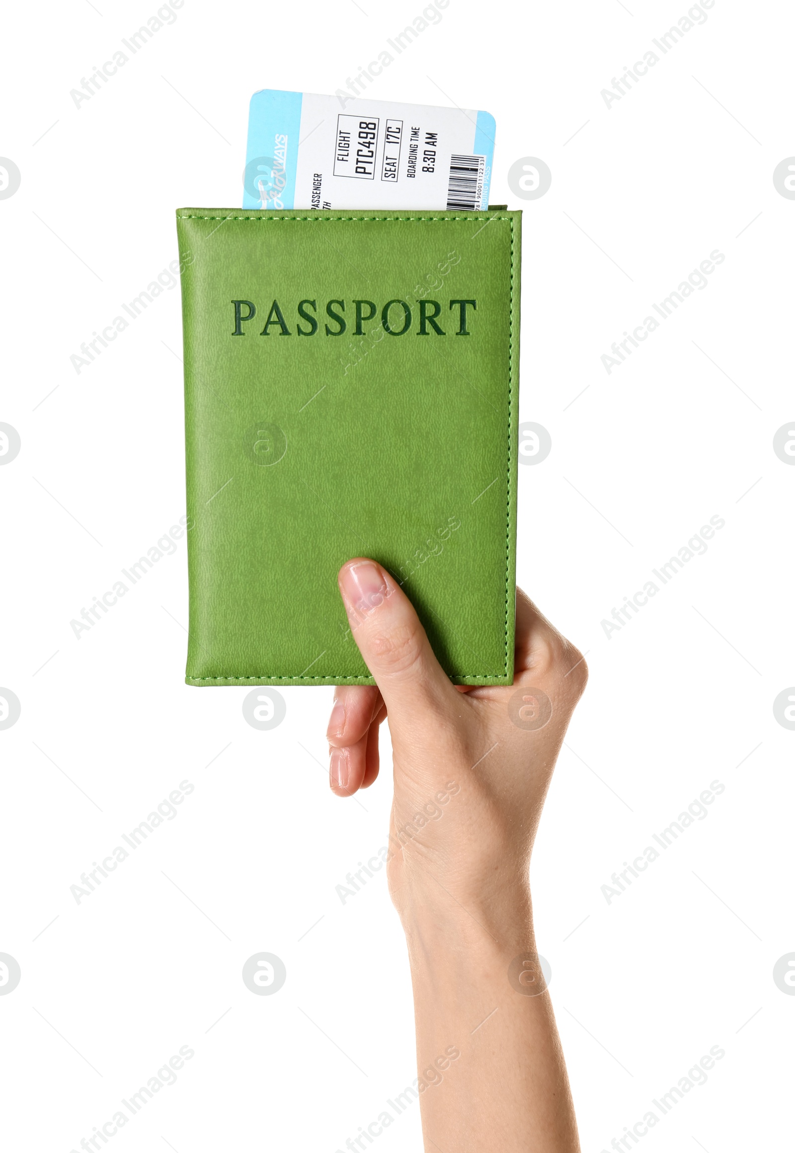 Photo of Woman holding passport with ticket on white background, closeup