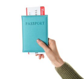 Photo of Woman holding passport with ticket on white background, closeup