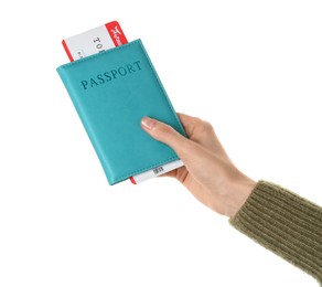 Photo of Woman holding passport with ticket on white background, closeup