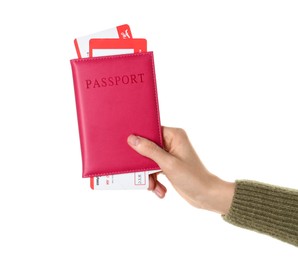 Photo of Woman holding passport with tickets on white background, closeup