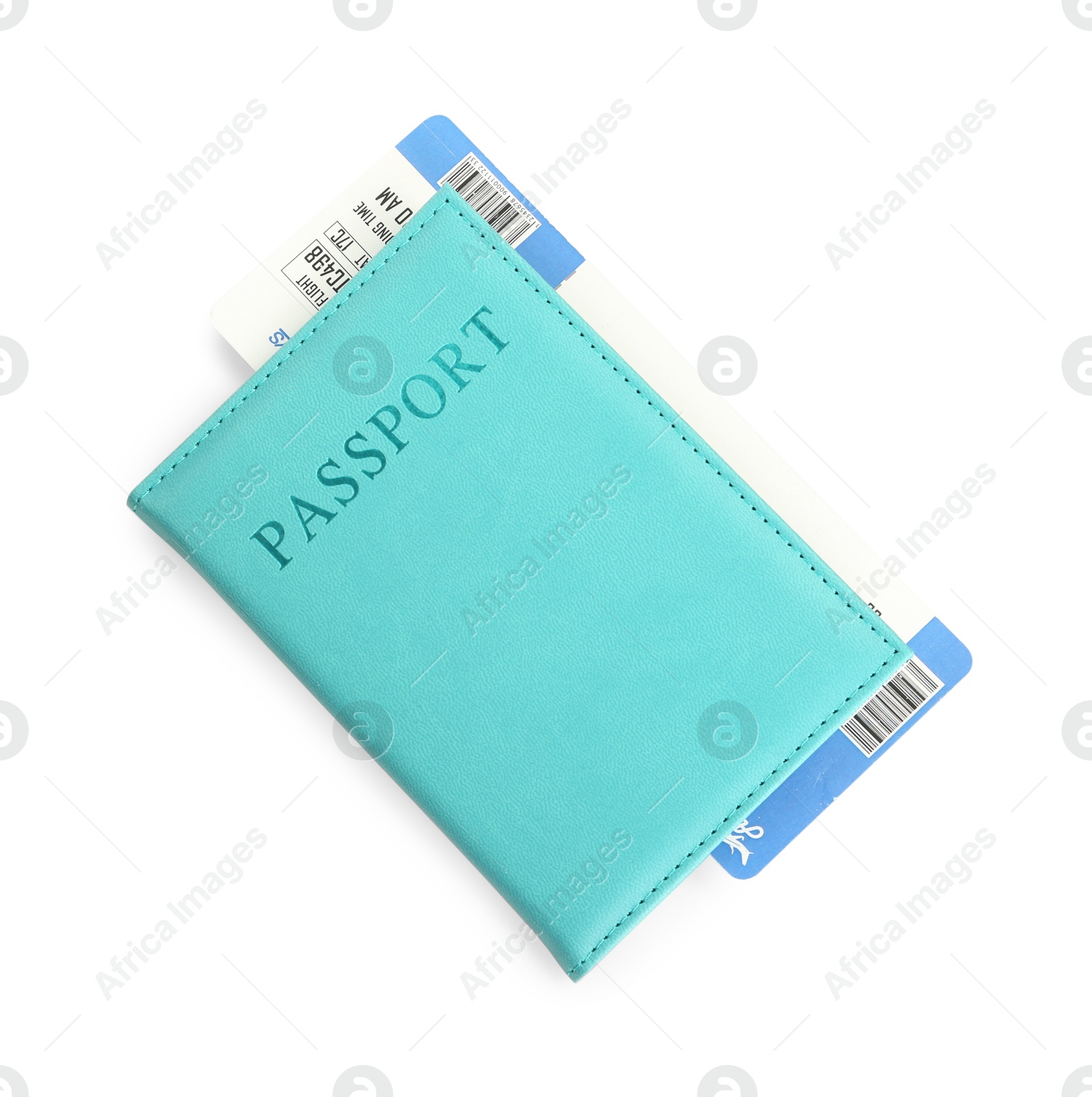 Photo of One passport with ticket isolated on white, top view