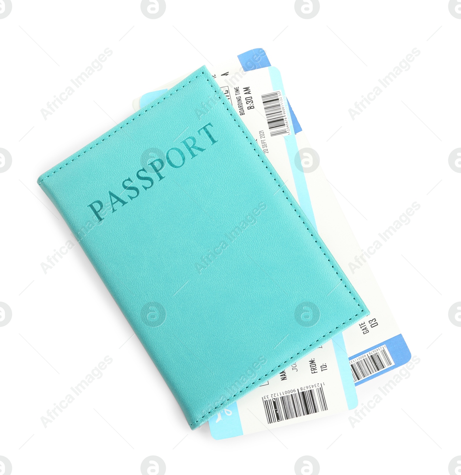 Photo of One passport with tickets isolated on white, top view