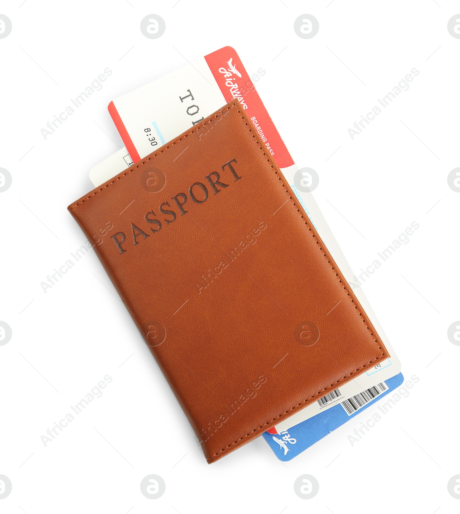 Photo of One passport with tickets isolated on white, top view