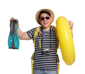 Photo of Traveller with inflatable ring and swim fins on white background