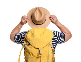 Photo of Traveller with backpack on white background, back view