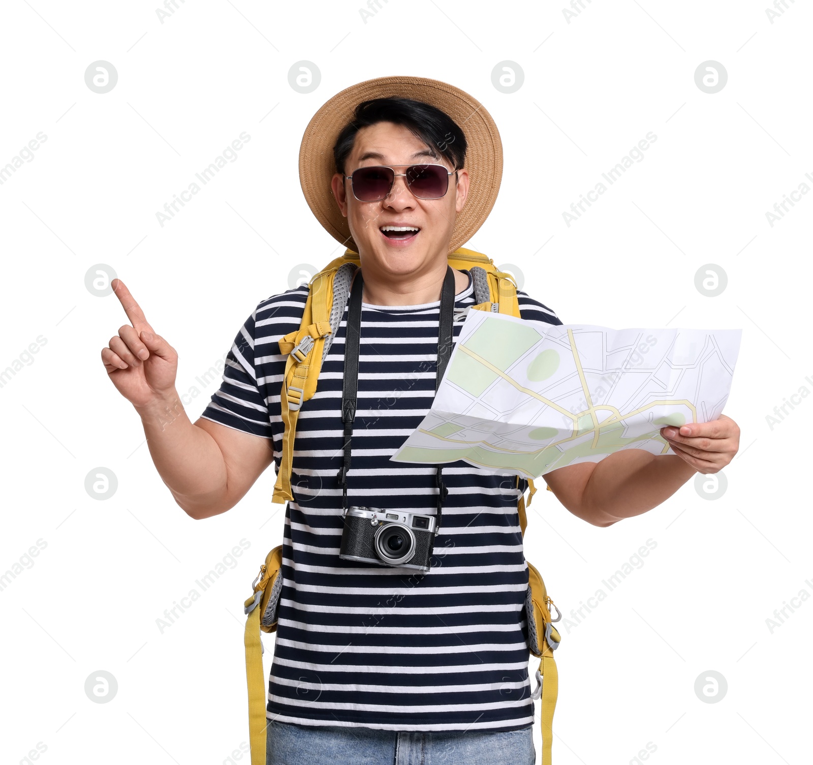 Photo of Excited traveller with map on white background