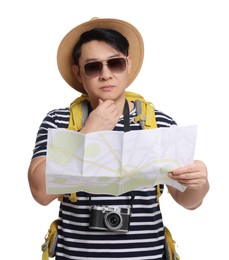 Photo of Pensive traveller with map on white background