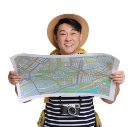 Photo of Traveller with map and backpack on white background