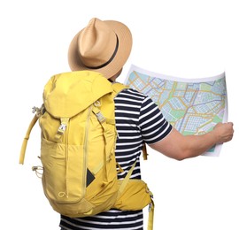 Photo of Traveller with map and backpack on white background, back view