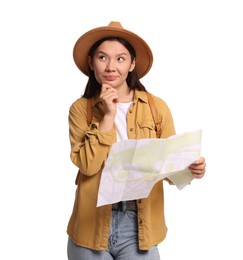 Photo of Pensive traveller with map on white background