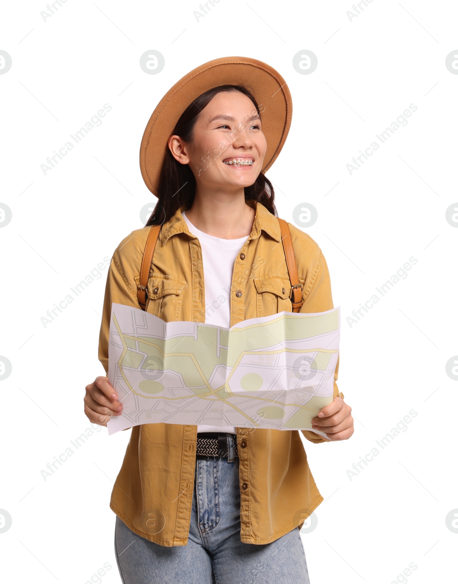 Photo of Happy traveller with map on white background