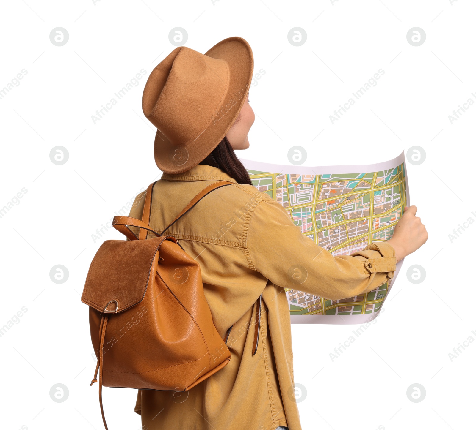 Photo of Traveller with map and backpack on white background, back view