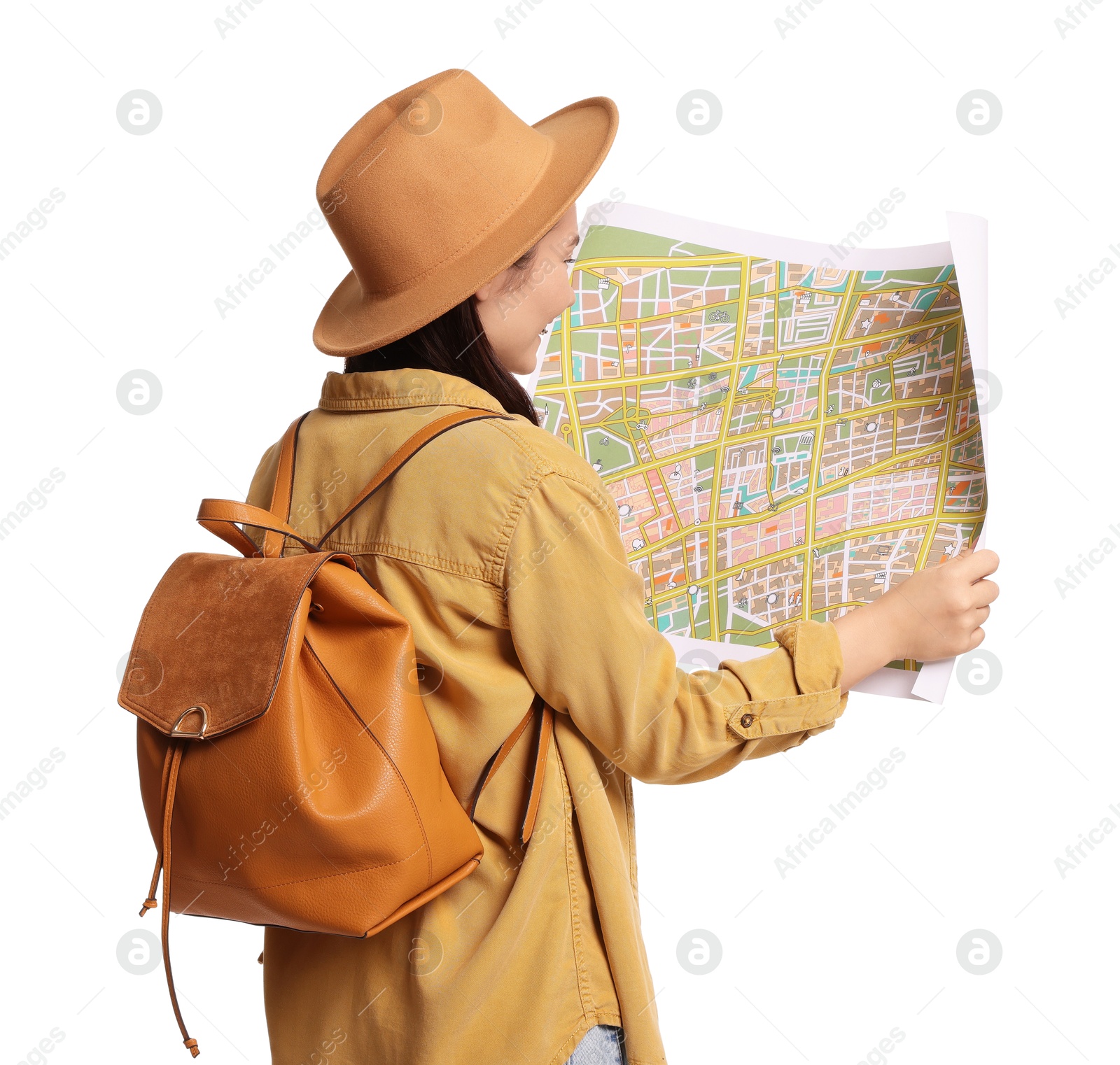 Photo of Traveller with map and backpack on white background, back view