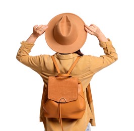 Photo of Traveller with backpack on white background, back view