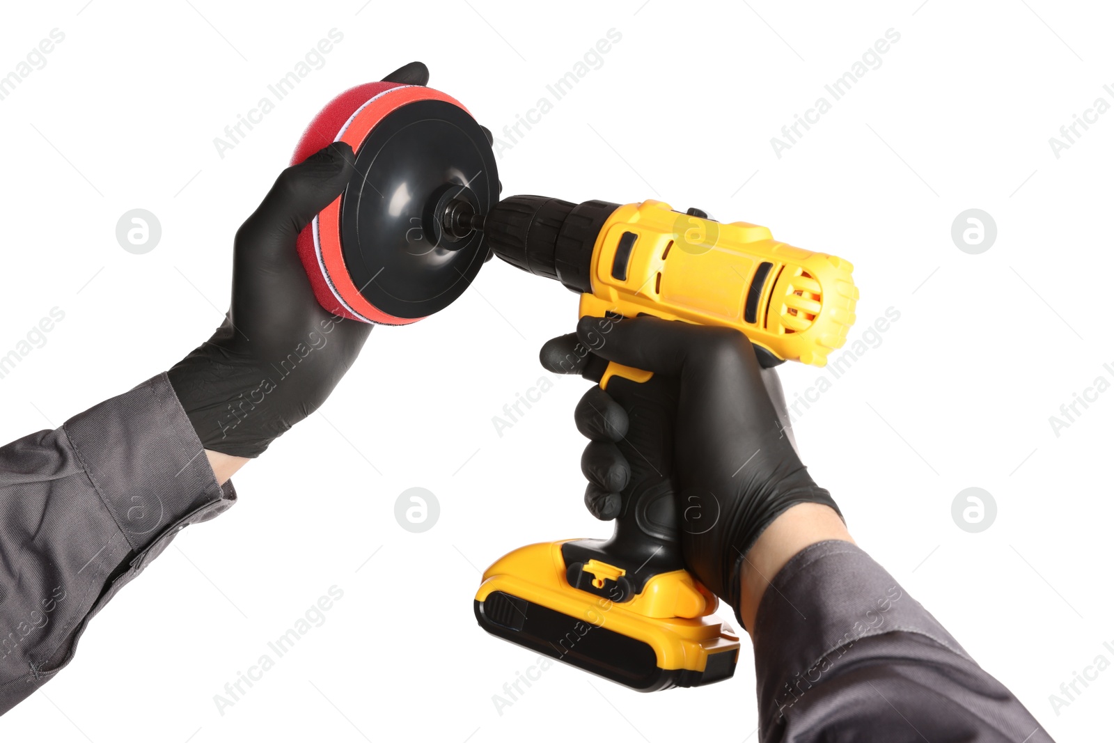 Photo of Man holding electric screwdriver with polish pad on white background, closeup