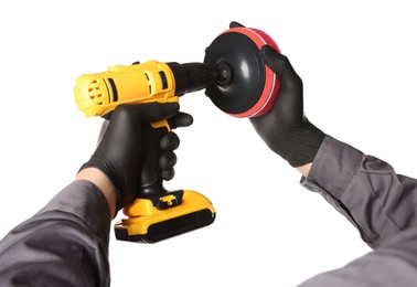 Photo of Man holding electric screwdriver with polish pad on white background, closeup