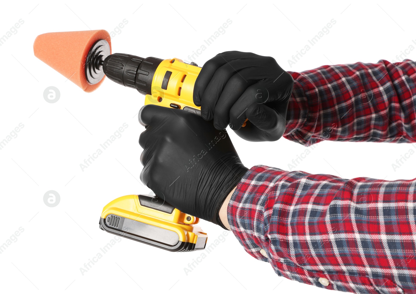 Photo of Man holding electric screwdriver with polish pad on white background, closeup