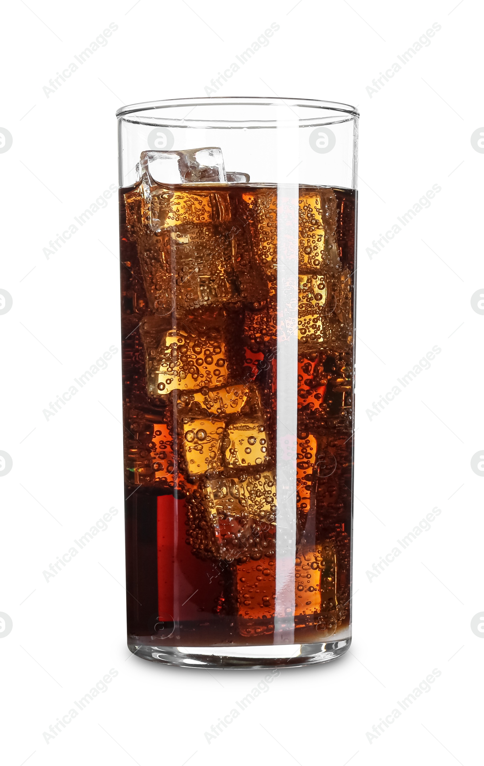 Photo of Sweet soda water with ice cubes in glass isolated on white