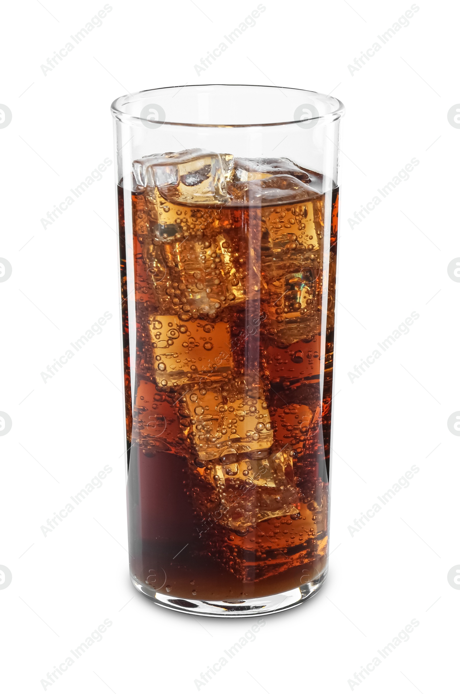 Photo of Sweet soda water with ice cubes in glass isolated on white