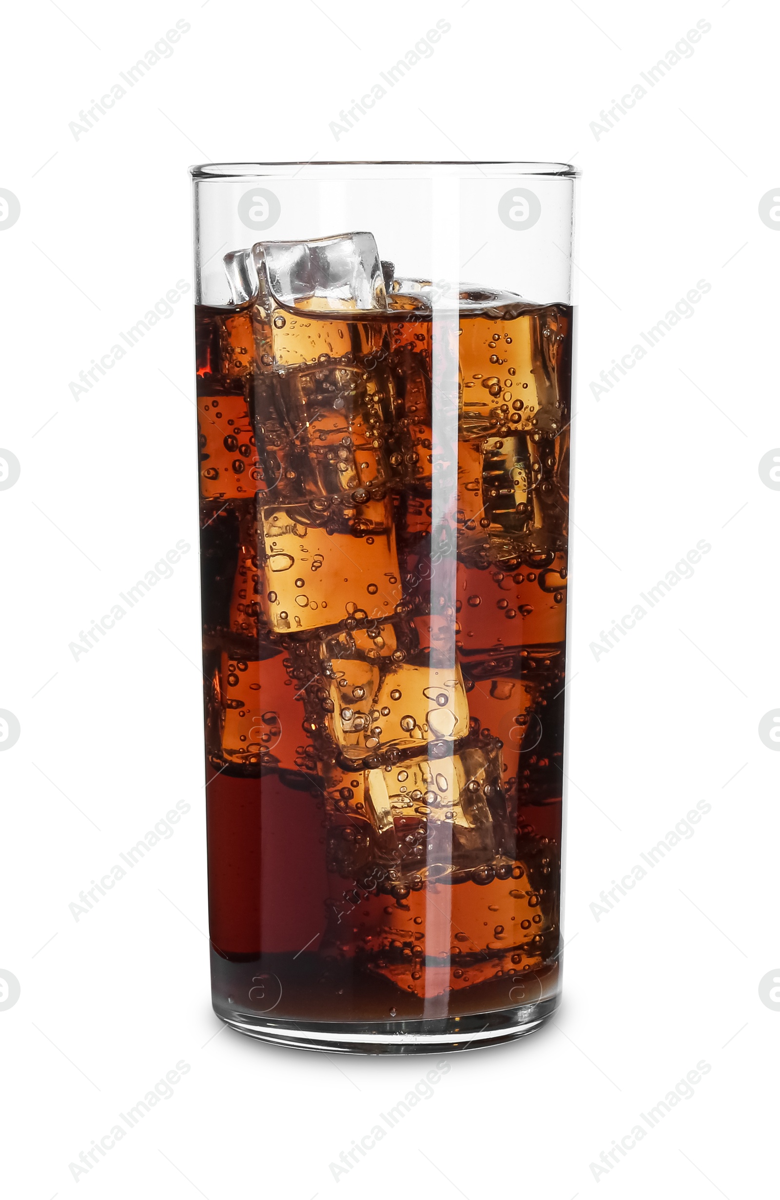 Photo of Sweet soda water with ice cubes in glass isolated on white