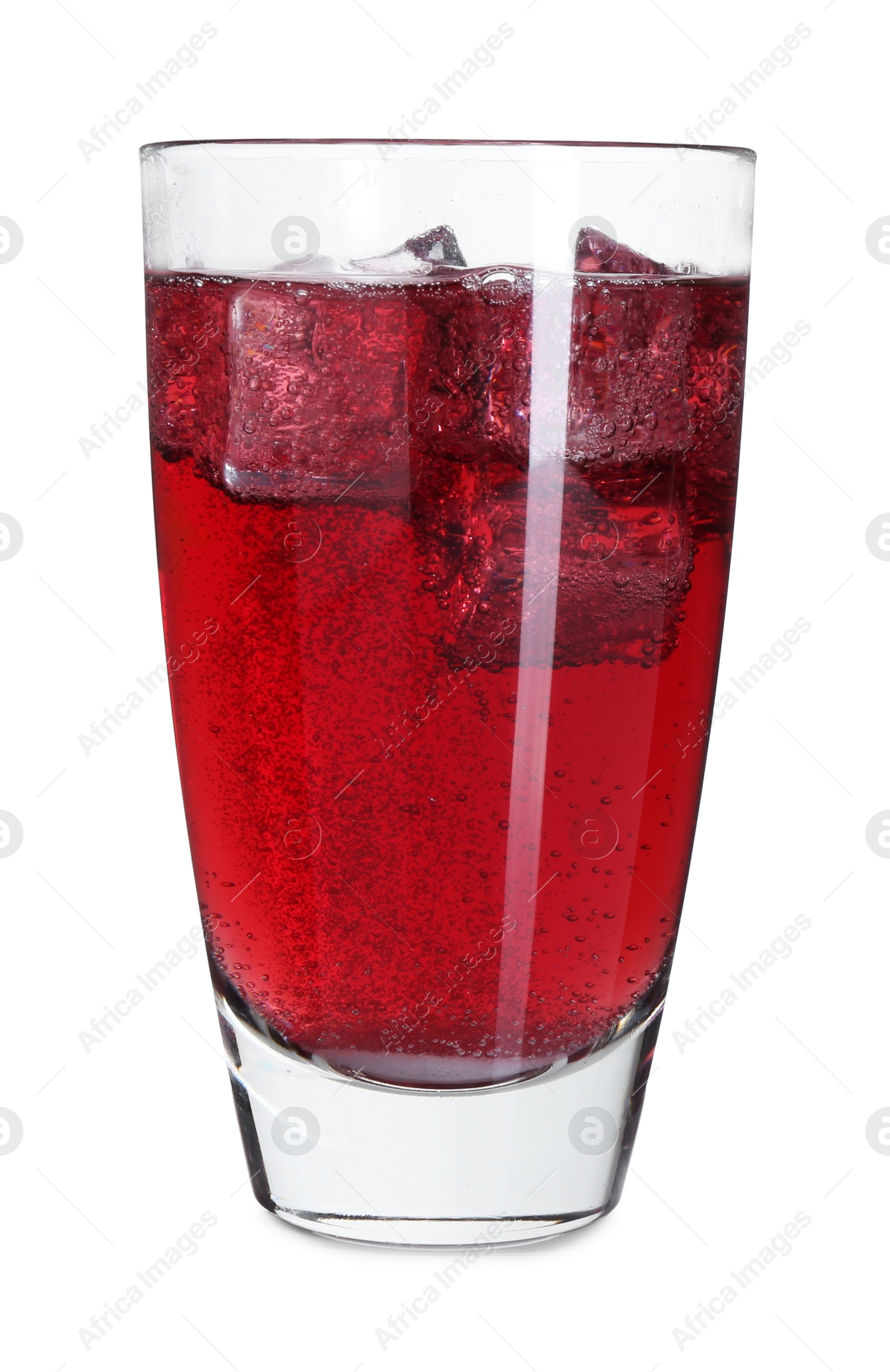 Photo of Sweet soda water with ice cubes in glass isolated on white