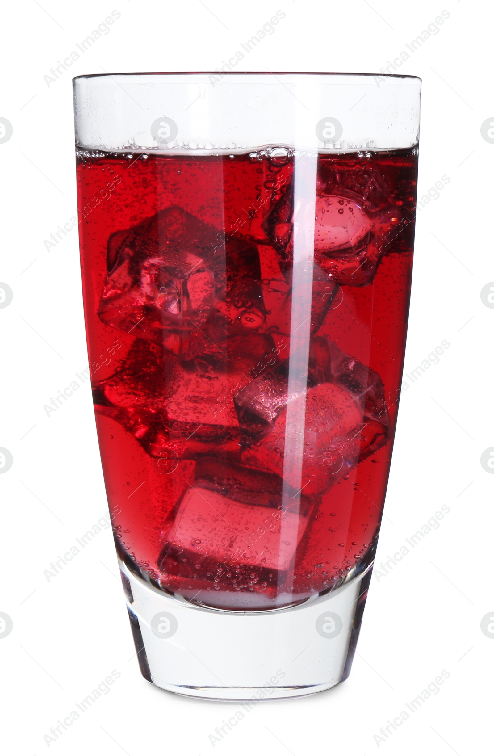 Photo of Sweet soda water with ice cubes in glass isolated on white