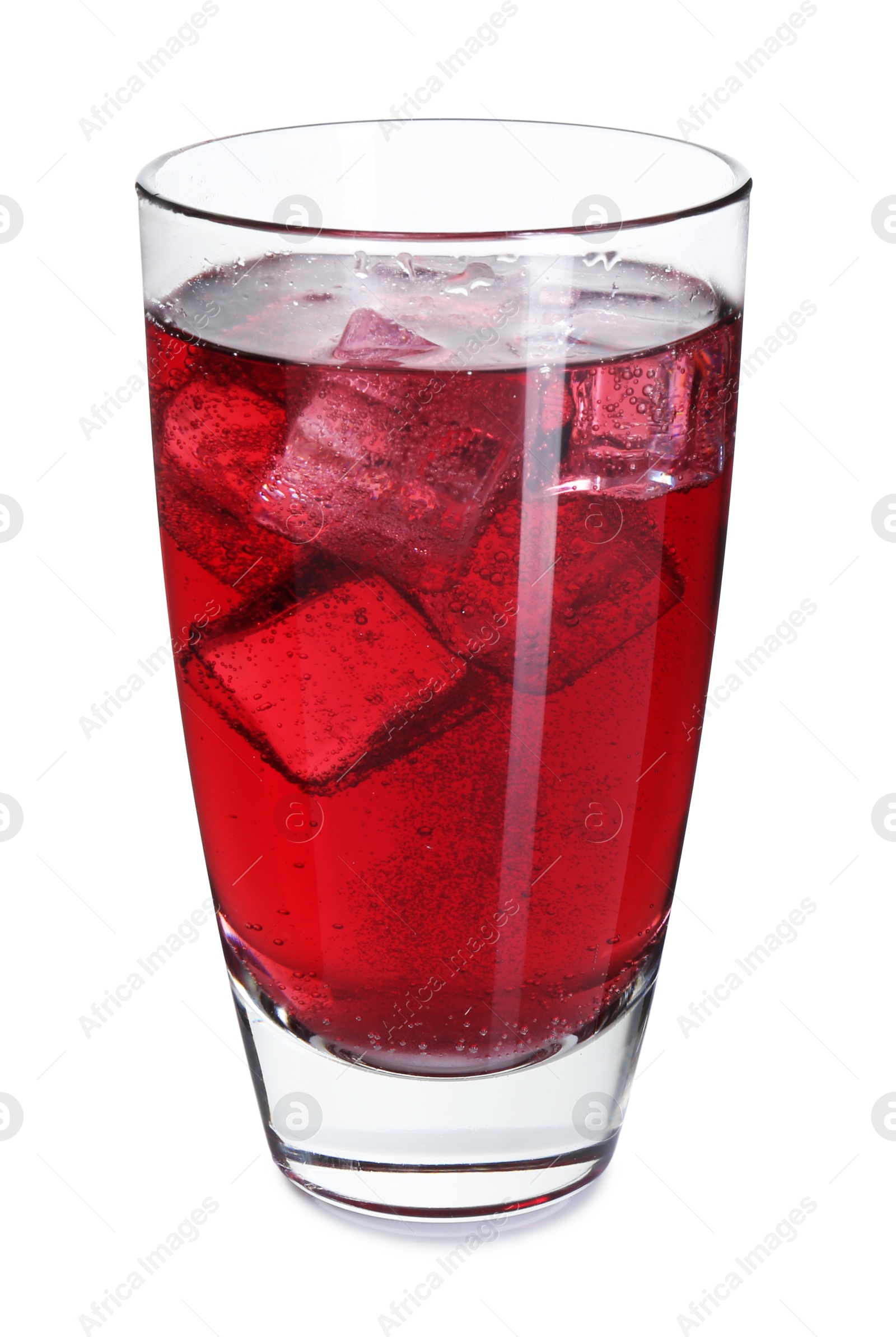 Photo of Sweet soda water with ice cubes in glass isolated on white