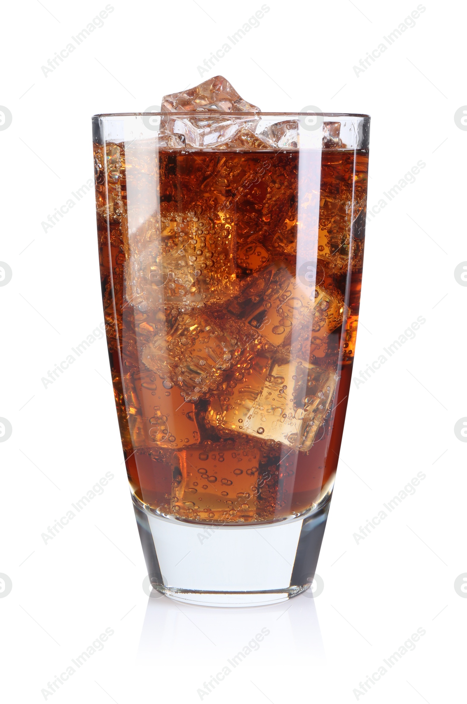 Photo of Sweet soda water with ice cubes in glass isolated on white