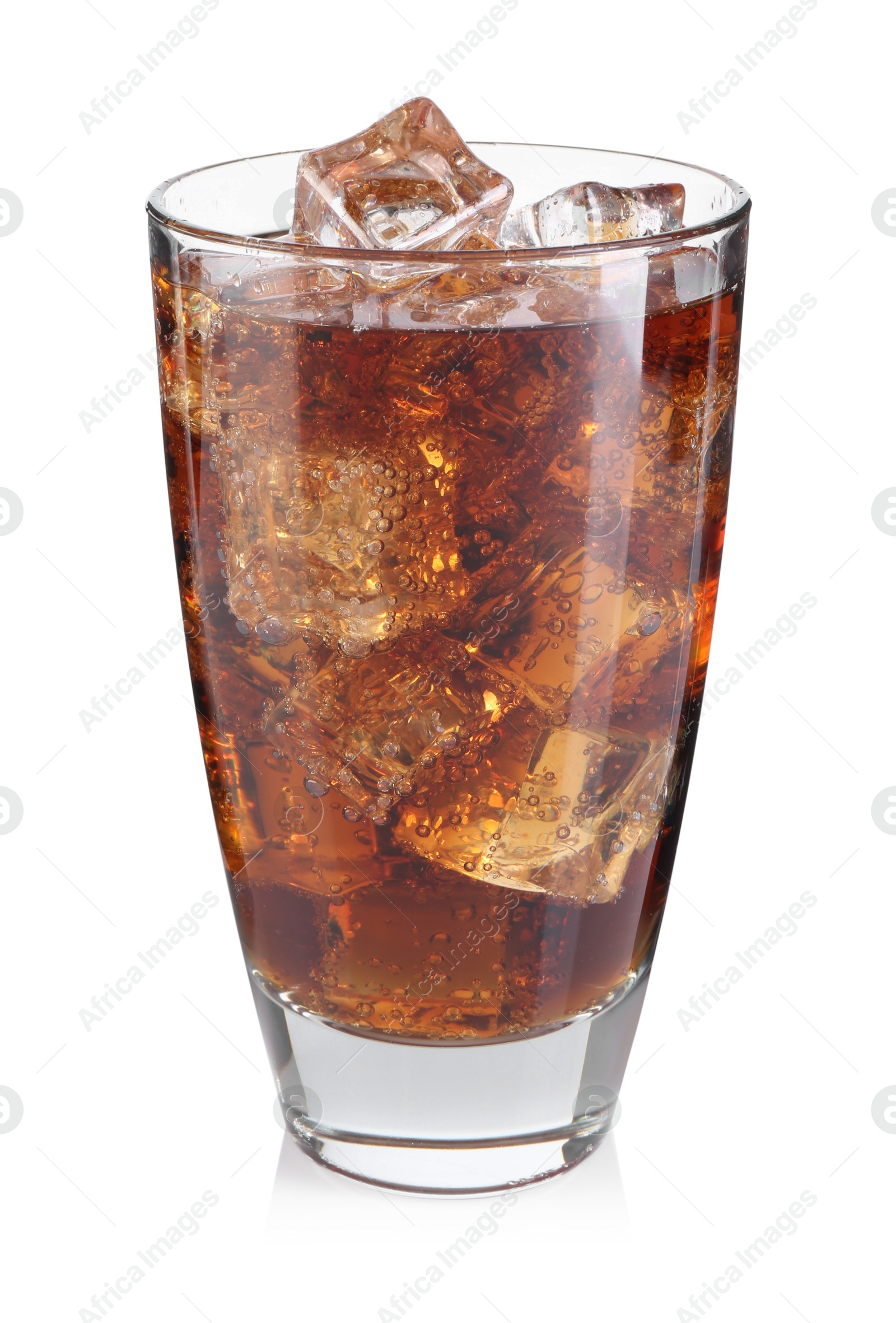 Photo of Sweet soda water with ice cubes in glass isolated on white