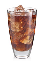 Photo of Sweet soda water with ice cubes in glass isolated on white