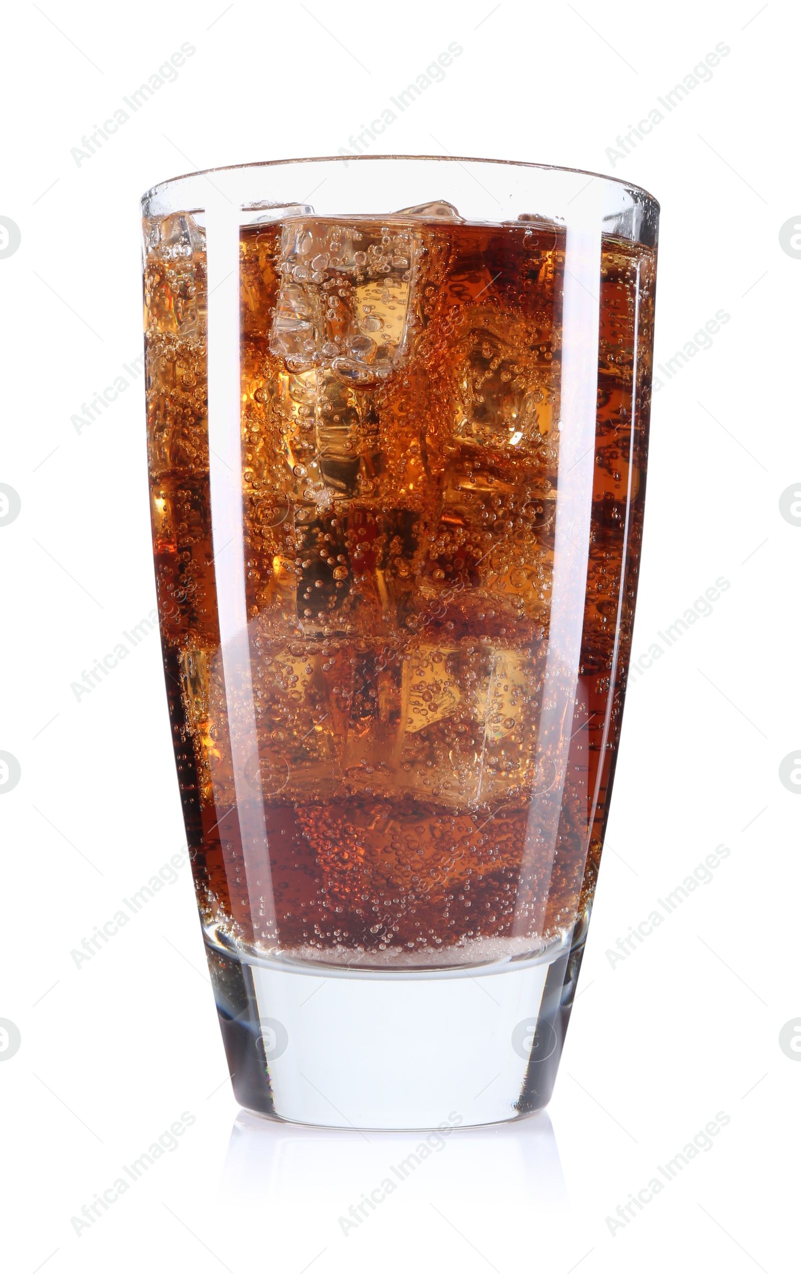 Photo of Sweet soda water with ice cubes in glass isolated on white