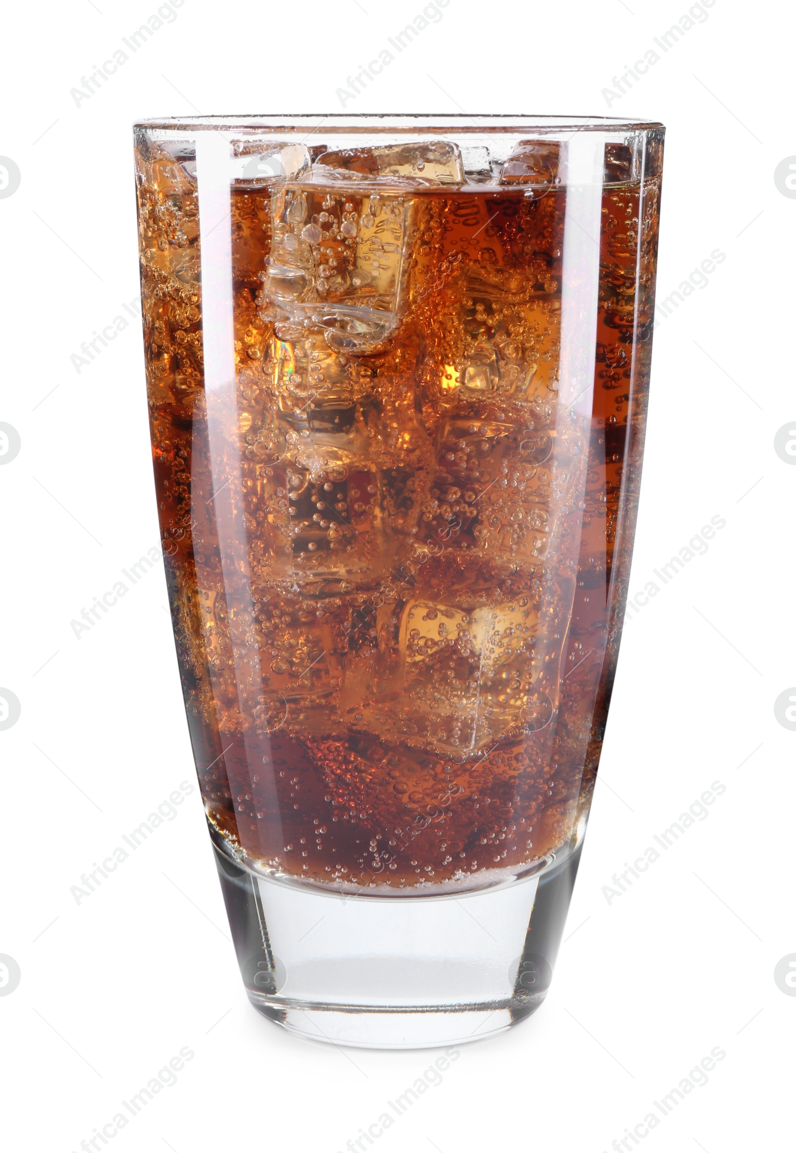 Photo of Sweet soda water with ice cubes in glass isolated on white