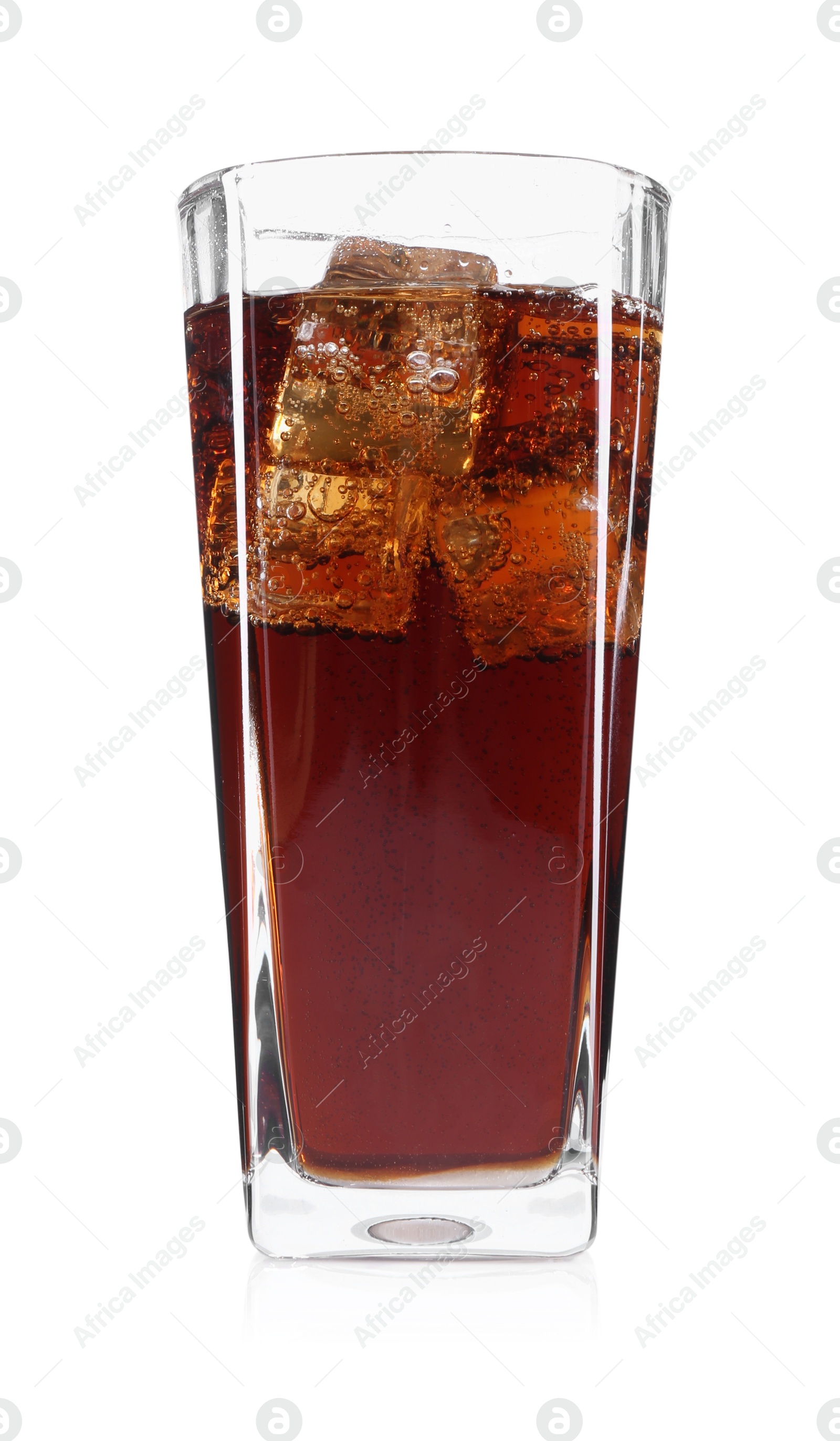 Photo of Sweet soda water with ice cubes in glass isolated on white