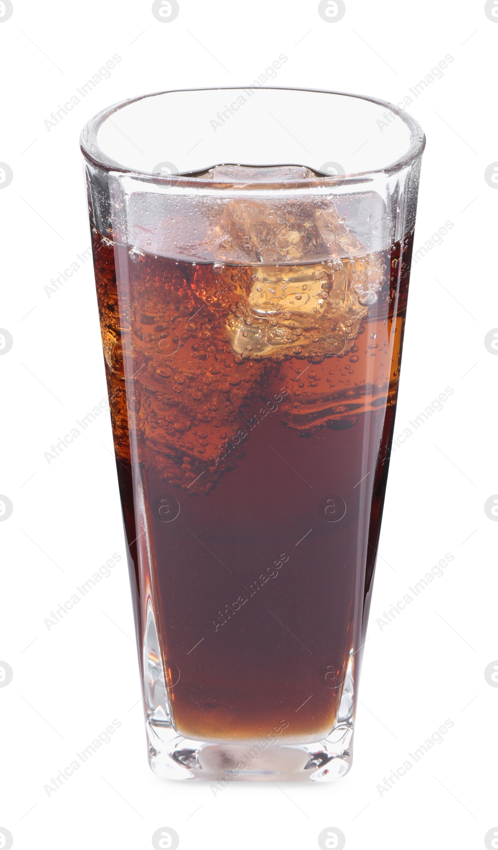 Photo of Sweet soda water with ice cubes in glass isolated on white