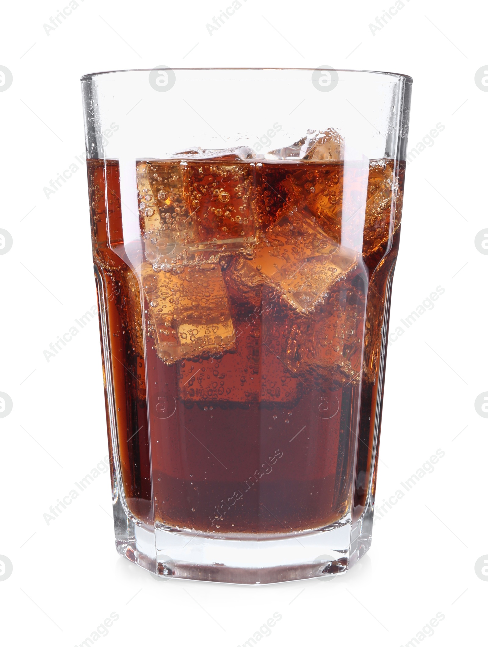 Photo of Sweet soda water with ice cubes in glass isolated on white