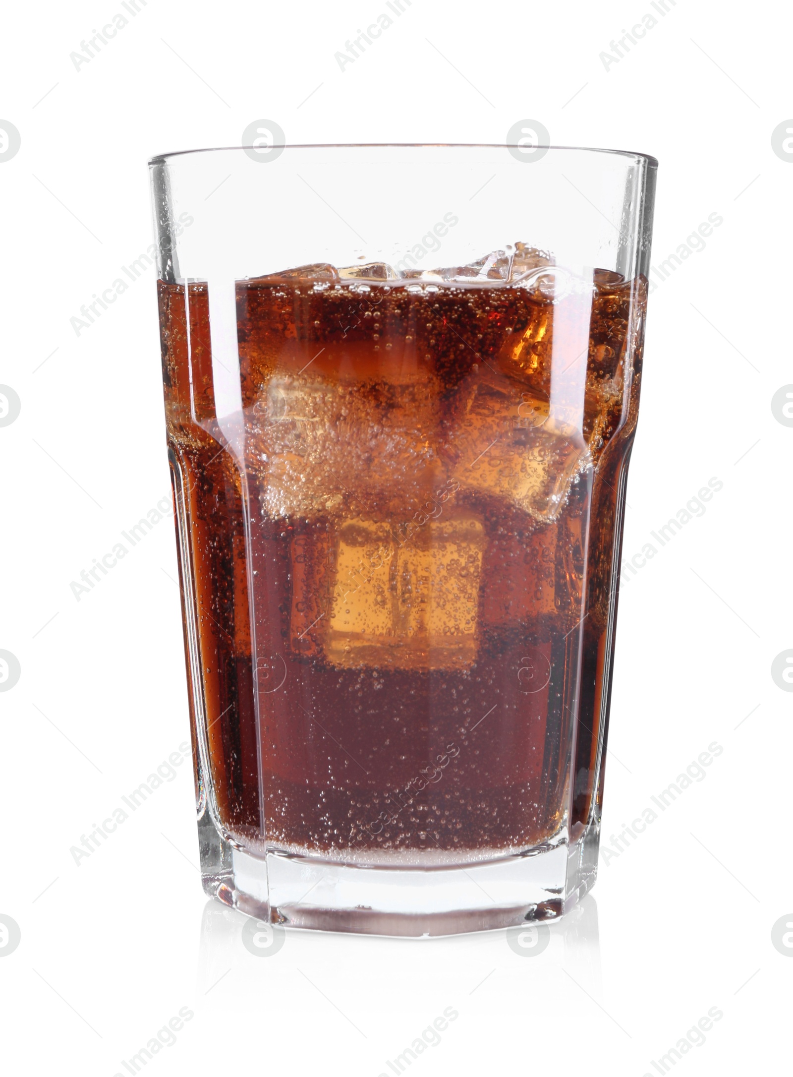 Photo of Sweet soda water with ice cubes in glass isolated on white