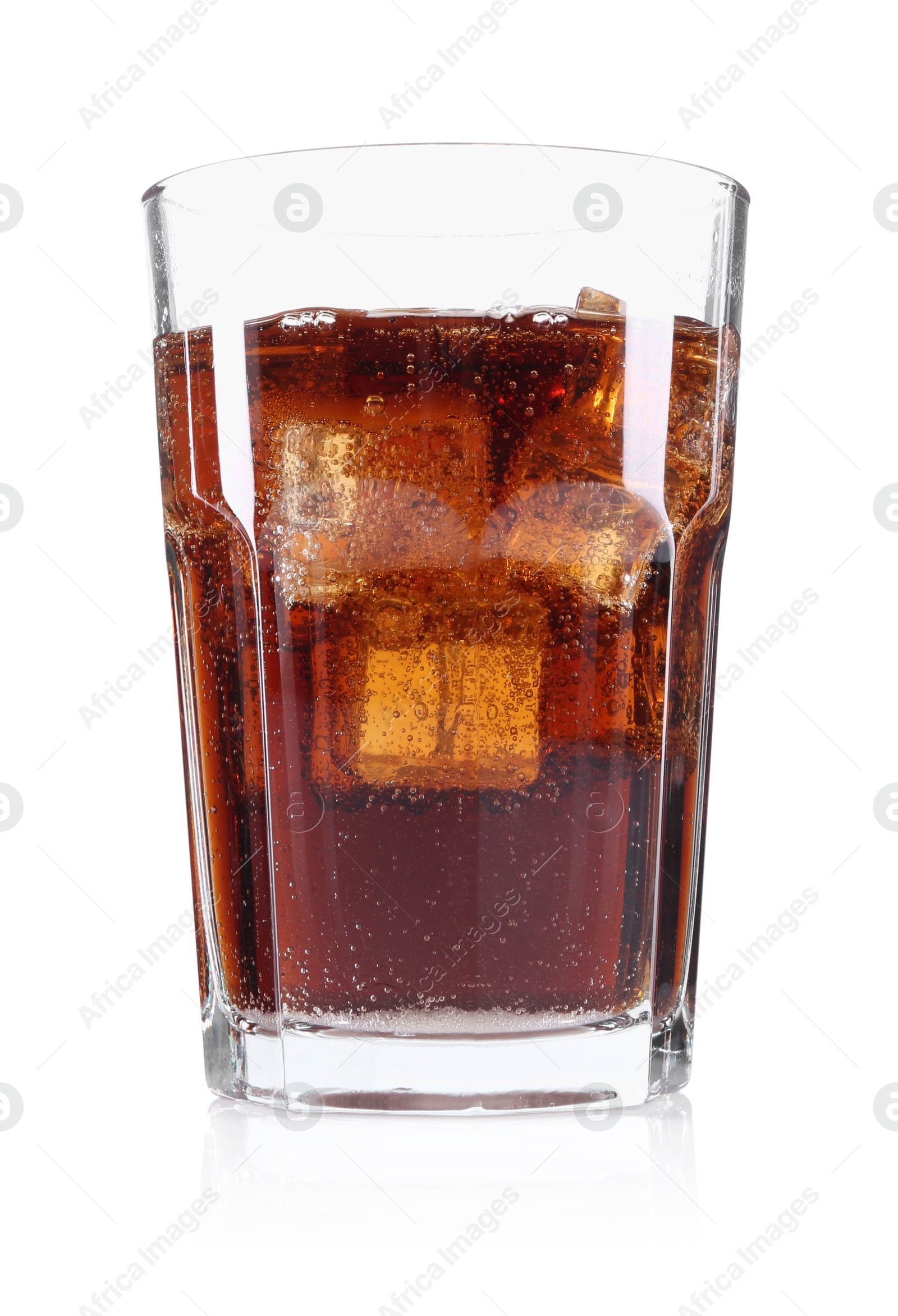 Photo of Sweet soda water with ice cubes in glass isolated on white