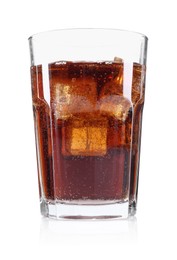 Photo of Sweet soda water with ice cubes in glass isolated on white