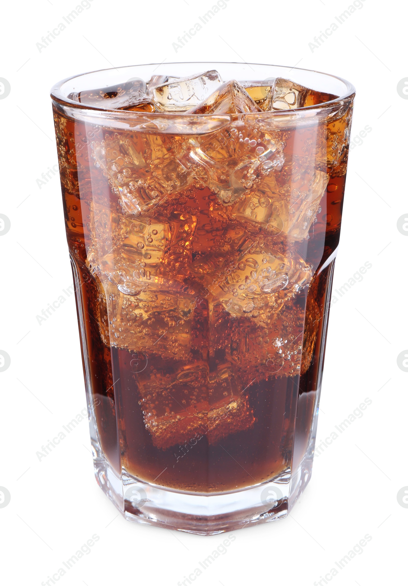 Photo of Sweet soda water with ice cubes in glass isolated on white