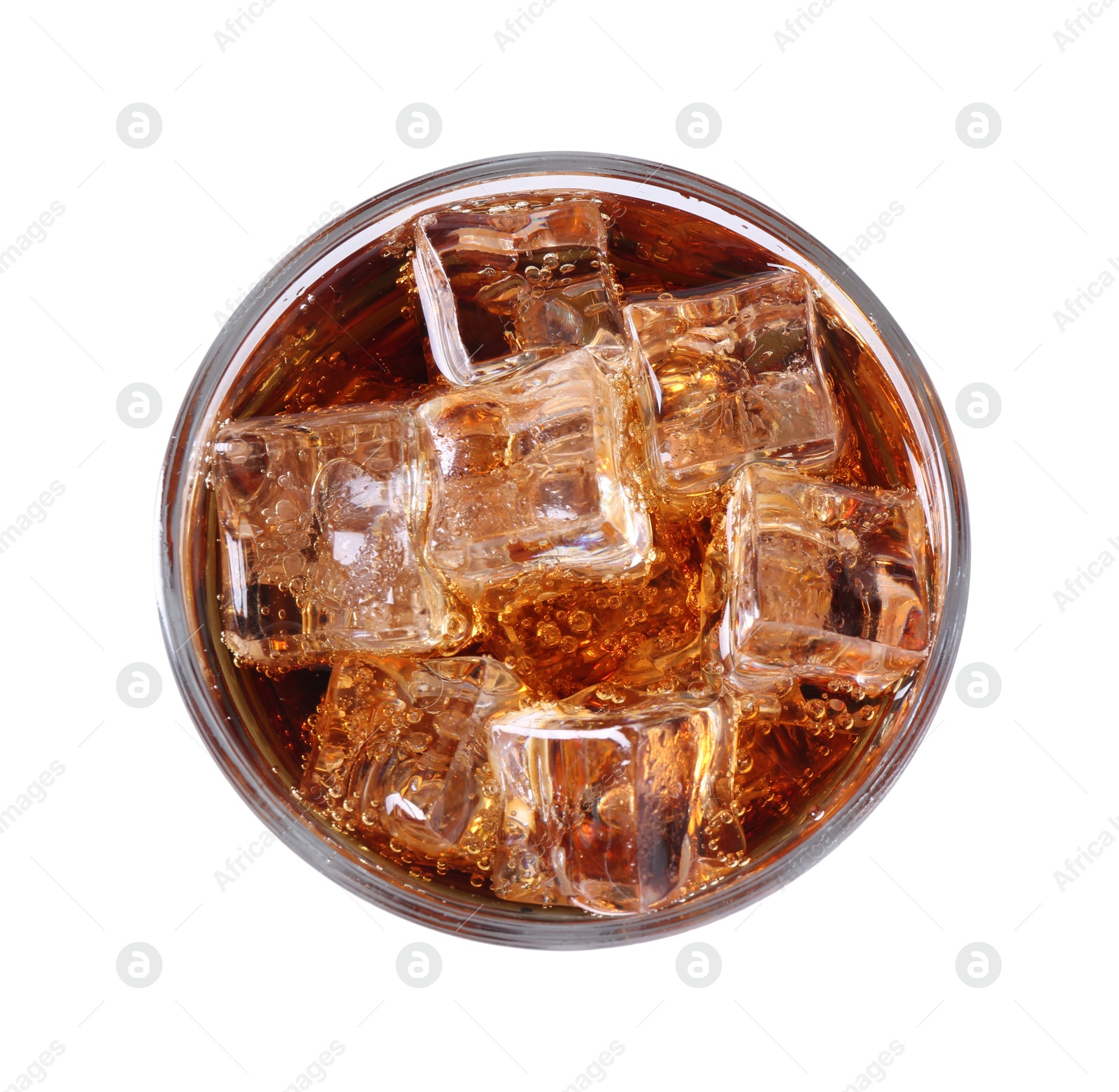 Photo of Sweet soda water with ice cubes in glass isolated on white, top view